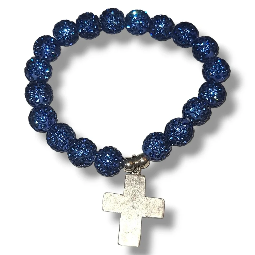 Blue Rhinestone Stretch Bracelet Silver‎ Tone Cross Charm Faith Jewelry